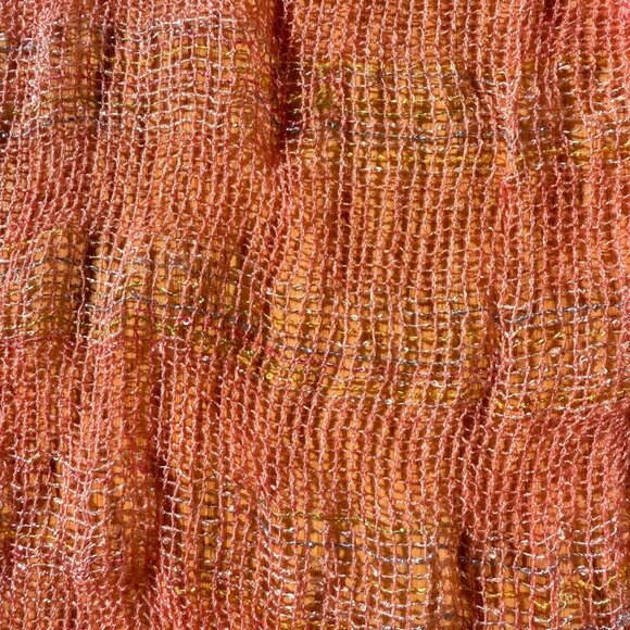 Handwoven Pink Peach Gold Open Weave Scarf With Fringe 64 in L x 15 in W - Picture 4 of 6